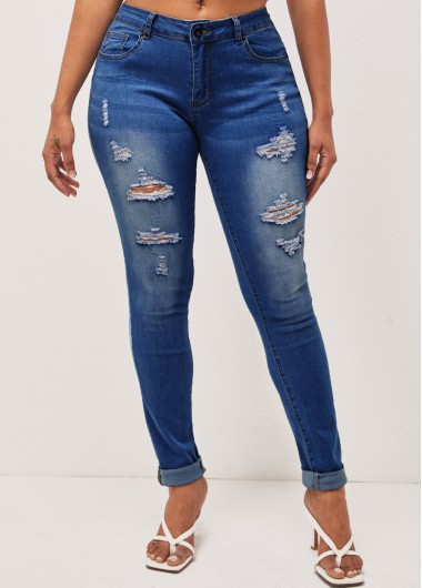Rosewe Denim Blue Shredded Pocket Skinny Mid Waist Jeans - L