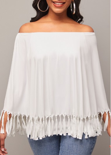 Rosewe Off Shoulder White Layered Tassel T Shirt - M