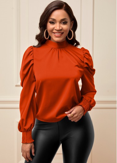 Rosewe Smocked Orange Bowknot Back Mock Neck Blouse - XL