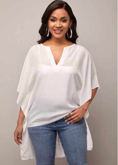 Rosewe Dip Hem White Split Neck T Shirt - M