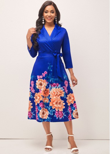Rosewe Cocktail Party Dress Belted Navy Blue Floral Print V Neck Dress - L