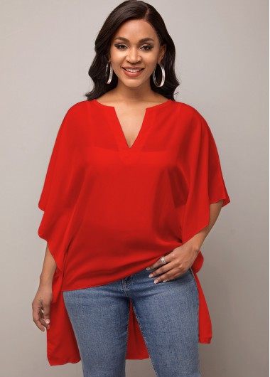 Rosewe Dip Hem Red Split Neck T Shirt - L