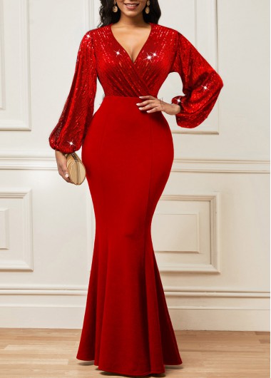 Rosewe Cocktail Party Dress Lantern Sleeve Sequin Deep V Neck Red Dress - M