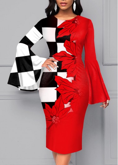 Rosewe Red Dresses Red Floral Print Flare Sleeve Dress - S