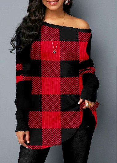 Rosewe Red Plaid Skew Neck Long Sleeve Sweatshirt - S
