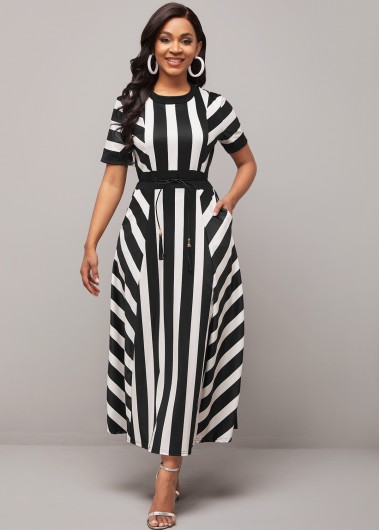 Rosewe Cocktail Party Dress Round Neck Belted Color Block Striped Dress - S