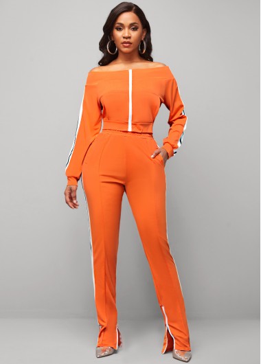 Rosewe Off Shoulder Zipper Closure Orange Contrast Sweatsuit Set - M