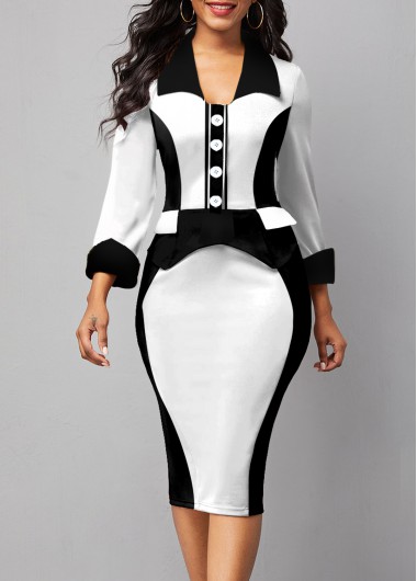 Rosewe White Dresses Back Slit Turndown Collar White Dress - M