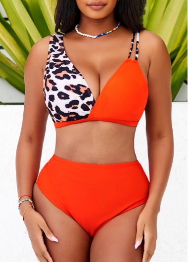 Rosewe Orange High Waisted Leopard Asymmetric Design Bikini Set - XL