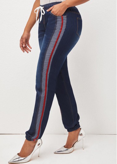 Rosewe Drawstring Waist Pocket Denim Blue Jeans - 4XL