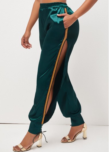Rosewe Lace Up Side Slit Dark Green Pants - XL