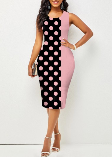 Rosewe Wedding Guest Dress Polka Dot Pink Sleeveless Round Neck Bodycon Dress - M