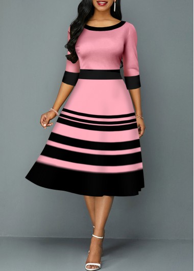 Rosewe Wedding Guest Dress Pink Stripe Print Round Neck Dress - M