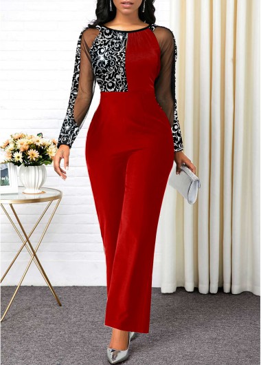 Rosewe Glitter Fabric Stitching Mesh red Jumpsuit - XL