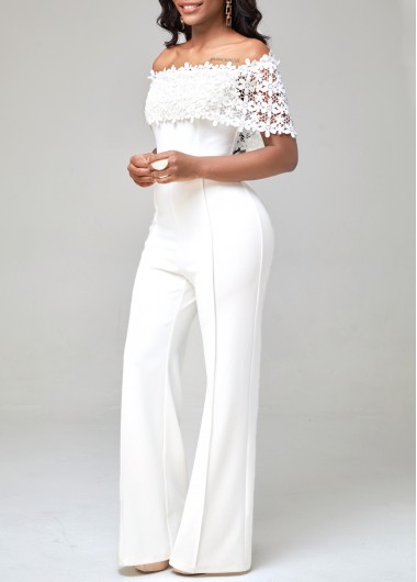 Rosewe White Lace Patchwork Off Shoulder Jumpsuit - S