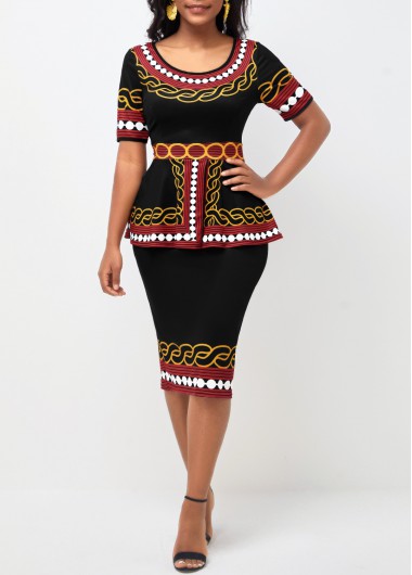 Rosewe Wedding Guest Dress Tribal Print Round Neck Deep Red Peplum Waist Dress - S