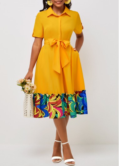 Rosewe Wedding Guest Dress Yellow Short Sleeve Belted Turndown Collar Dress - S