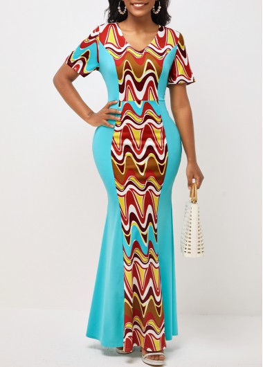 Rosewe Cocktail Party Dress Cyan Tribal Print Short Sleeve V Neck Dress - M