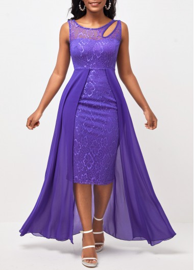 Rosewe Cocktail Party Dress Chiffon Cutout Lace Patchwork Lavender Dress - M