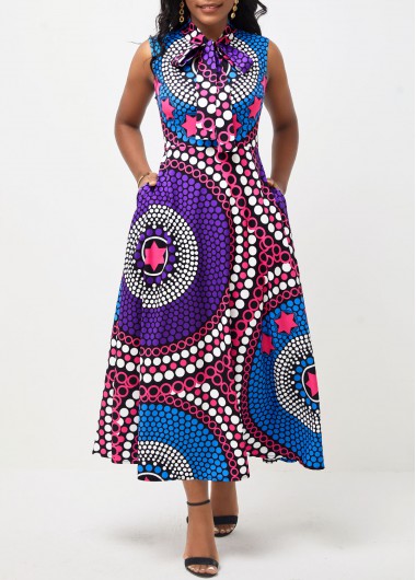 Rosewe Cocktail Party Dress Multi Color Tribal Print Double Side Pockets Dress - M