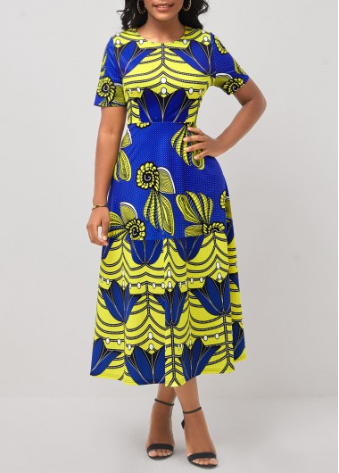 Rosewe Wedding Guest Dress Tribal Print Round Neck Short Sleeve Dress - S