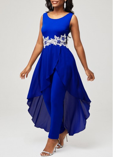 Rosewe V Back Royal Blue Faux Two Piece Jumpsuit - XL