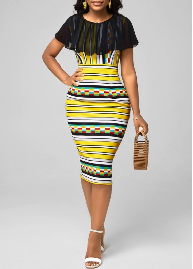 Rosewe Cocktail Party Dress Striped Chiffon Panel Multi Color Bodycon Dress - L