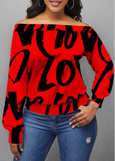 Rosewe Letter Print Skew Neck Long Sleeve Red Valentines Sweatshirt - XL