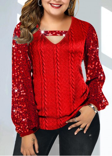 Rosewe Red Sequin Plus Size V Neck T Shirt - 2X
