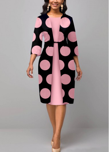Rosewe Cocktail Party Dress Pink Polka Dot Faux Two Piece Dress - M