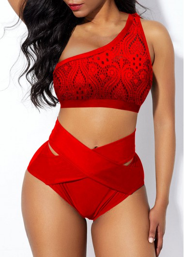 Rosewe High Waisted Cross Front Lace Patchwork Red Bikini Set - L