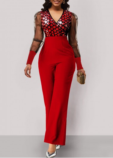 Rosewe Mesh Glitter Fabric Stitching Red Jumpsuit - XL