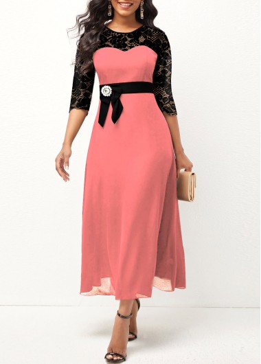 Rosewe Wedding Guest Dress Bowknot Pink 3/4 Sleeve Lace Stitching Dress - L