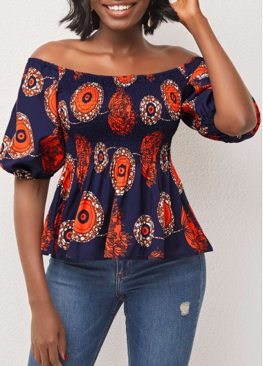 Rosewe Navy Blue Smocked Off Shoulder T Shirt - XL