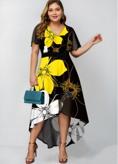 Rosewe Black Floral Print Plus Size Dip Hem Dress - XL
