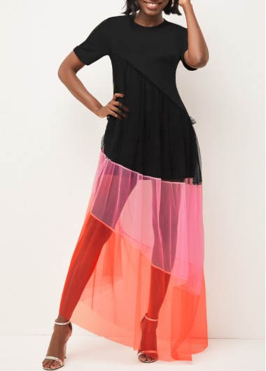 Rosewe Black Dresses Contrast Mesh Stitching Valentines Black Round Neck Dress - 2XL