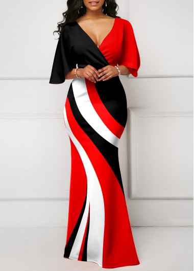 Rosewe Cocktail Party Dress Geometric Print Red V Neck Maxi Dress - S