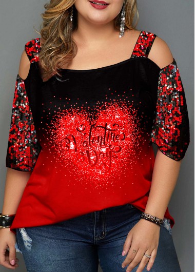 Rosewe Valentines Plus Size Sequin Heart Print T Shirt - 1X