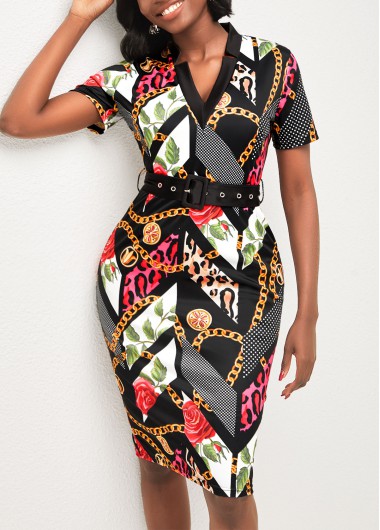 Rosewe Black Dresses Belted Black V Neck Vary Chain Print Bodycon Dress - XXL