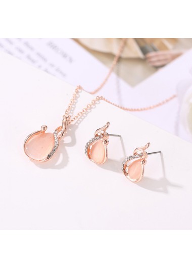 Rosewe Fashion Waterdrop Design Metal Detail Rhinestone Gold Earrings and Necklace - One Size