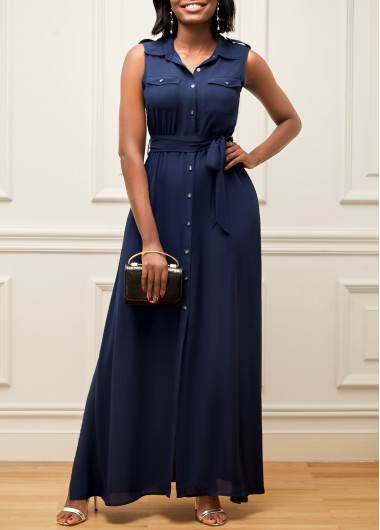 Rosewe Cocktail Party Dress Chiffon Turndown Collar Belted Navy Blue Dress - S