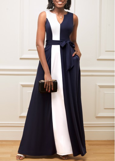 Rosewe Cocktail Party Dress Navy Blue Belted Sleeveless Contrast Dress - M