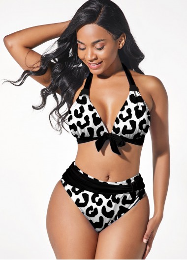 Rosewe Halter Mid Waist Black Cow Print Bikini Set - S