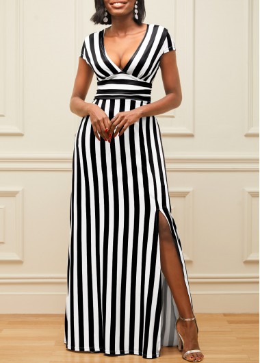 Rosewe Cocktail Party Dress Deep V Neck Side Slit Monochrome Stripe Dress - M