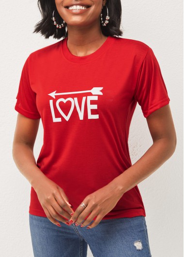 Rosewe Valentines Round Neck Letter Print Red T Shirt - M