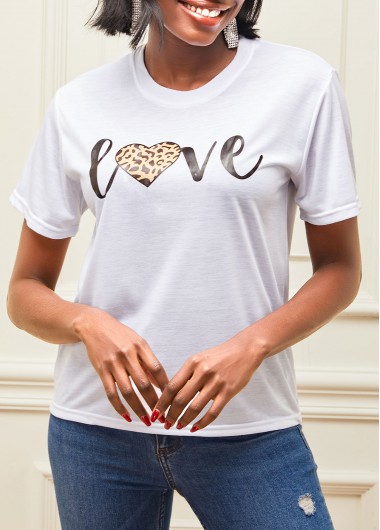 Rosewe White Leopard and Heart Print Valentines T Shirt - M