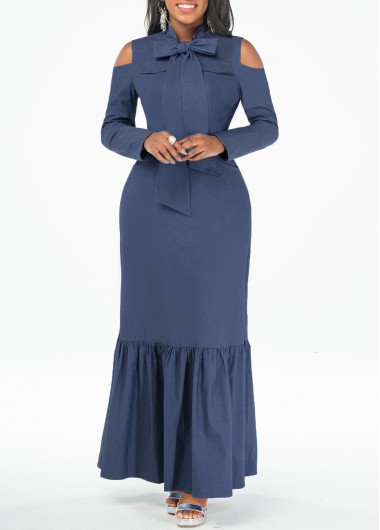 Rosewe Cocktail Party Dress Blue Tie Neck Faux Denim Bowknot Maxi Dress - M