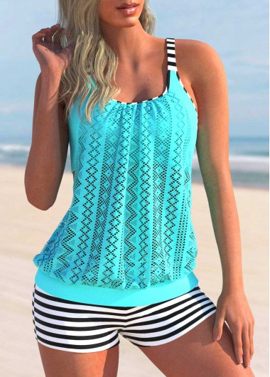 Lace Stitching Striped Cyan Tankini Set
