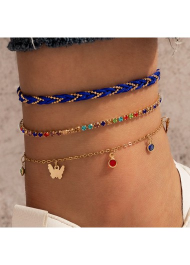Rosewe Chic Multi Color Rhinestone Butterfly Detail Anklets Set - One Size