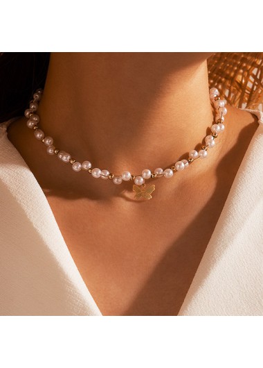Rosewe Fashion Valentines Pearl Butterfly Detail Gold Necklace - One Size